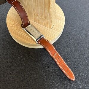 Vintage Peugeot Y2K Retro Preppy Brown Leather Strap Silver Watch WORKING